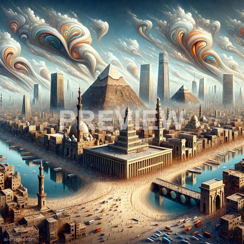 The image depicts a surreal cityscape blending ancient Egyptian architecture with modern skyscrapers and futuristic elements. Prominent pyramids and temples stand alongside towering glass buildings, while the sky is filled with swirling, colorful clouds that add a fantastical atmosphere. The city is bustling with activity, with boats on the river and crowds on the streets, creating a vivid contrast between the old and the new in this imaginative scene.